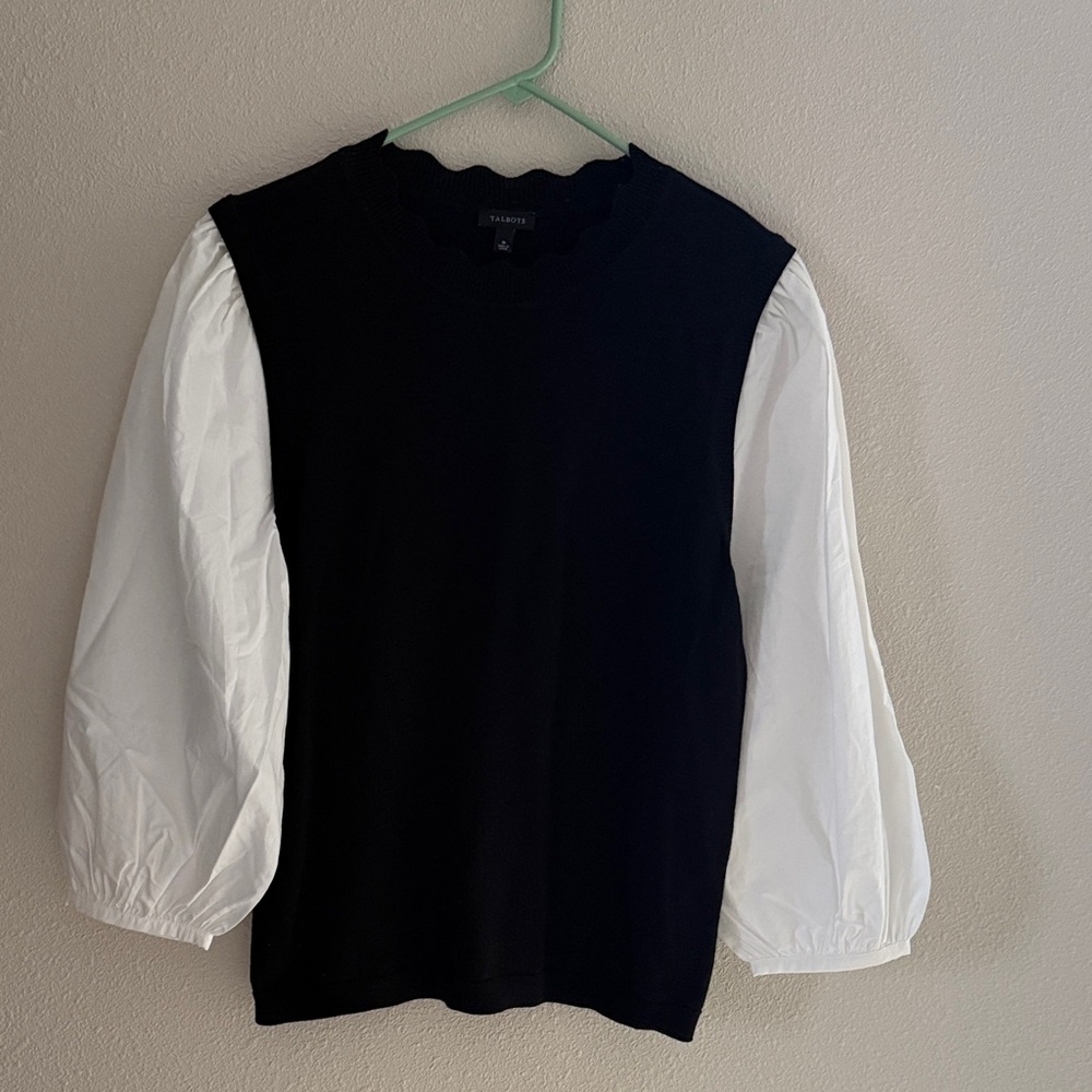 TALBOTS Black Knit Sweater with White Cotton Balloon Sleeves - Medium